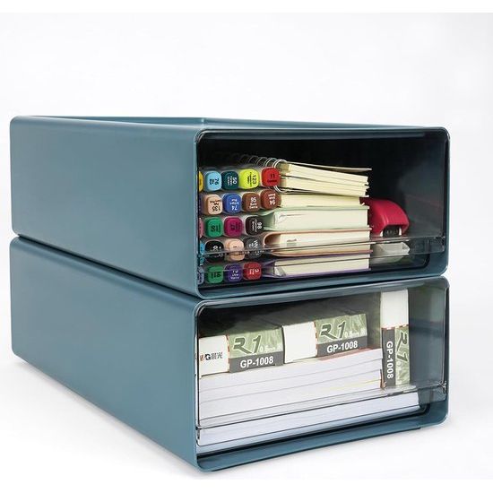Set van 2 bureauladendozen a4 groot, kunststof ladedozen met laden, stapelbaar, opbergdoos met lade voor briefpapier en andere kantooraccessoires, transparant blauw