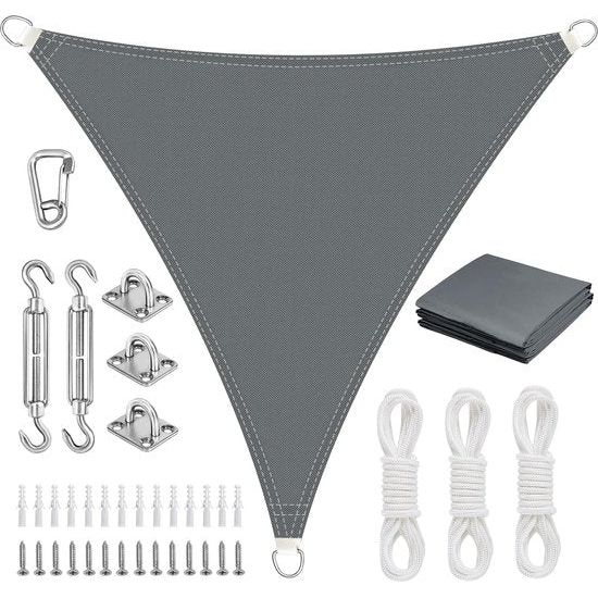 Zonnezeil, driehoekig, 4 x 4 x 4 m, met bevestiging, zonnezeil, waterdicht, zonwering, uv-bescherming, zeildoek zonder boren, geschikt voor balkon, tuin, terras en camping, grijs
