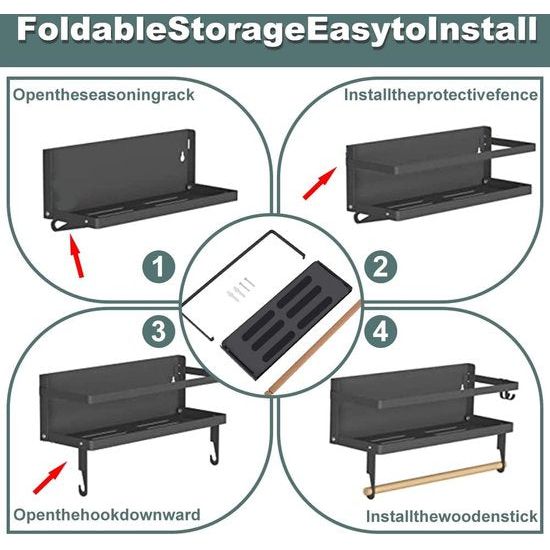 Kruidenrek, magnetisch, koelkast, rek, koolstofstaal, kruidenbord, opvouwbaar keukenrek, 30 x 11 x 10 cm, kruidenhouder, magnetisch hangrek, zwart, kruidenorganizer met keukenrolhouder voor muur