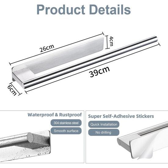 Handdoekhouder Zonder boren Badhanddoekhouder Zelfklevende handdoekhouder Roestvrijstalen handdoekhouder Elegante handdoekhouder Enkele arm Rond geborsteld zilver