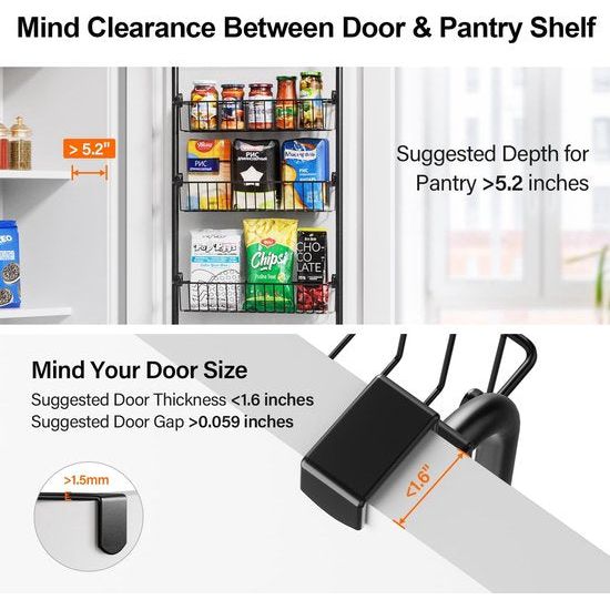 Over the Door Pantry Organiser, Metal Over the Door Organiser, 6-Tier Pantry Door Organiser, Spice Rack for Easy Installation, D5.1 x W18 x H50.4 Inch Pantry Door Storage, Black