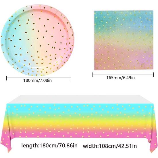 Partyservies, kinderverjaardag, regenboog, papieren borden, kinderverjaardag, meisjes, 20 stuks wegwerpborden, 20 stuks servetten, feesttafelkleden + driehoekige vlag voor verjaardagen, feesten, Kerstmis