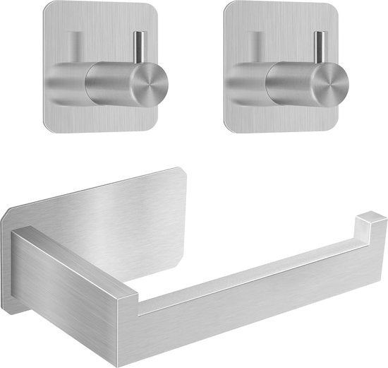 Toiletpapierhouder zonder boren, zelfklevende toiletpapierrolhouder, roestvrij staal, wc-houder, rolhouder, papierhouder met 2 stuks handdoekhaken voor badkamer en keuken, zilver