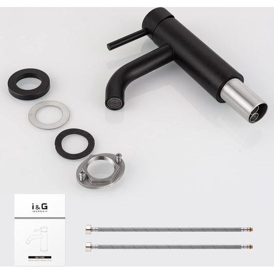 Kraan badkamermengkraan, wastafelmengkraan, eenvoudig te monteren, kraan voor wastafel, badkamer, ééngreeps wastafelmengkraan, geborsteld, roestvrij staal, zwart