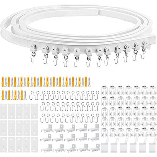 5 meter gebogen gordijnrail met stille rollen, flexibele gordijnrail, buigbare plafondhouder, gordijnscheidingswand, zacht raamrailsysteem, accessoires met 38 haken (128 stuks)