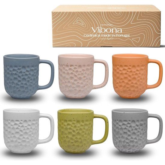 Koffiekopjes, set van 6 stuks, 380 ml, gemaakt in Portugal, mooie mokken van aardewerk, unieke mokken, set van 6 theekopjes, groot, set van 6 stuks, pastelmat