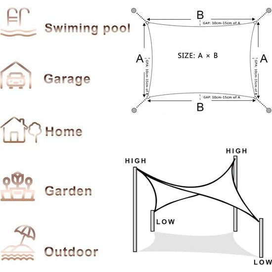 Rechthoekig zonnezeil, 3 x 3 m, zonwering, polyethyleen met hoge dichtheid (HDPE), UV-bescherming voor terras, tuin, buiten, antraciet