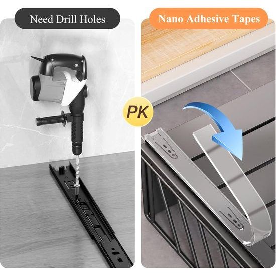 Telescopische lade, uitschuifbare lade voor kast, metalen uitschuifbare organizer met handvat, keukenopbergplank met nano-kleefbanden, mandlade voor kast, 40 x 15,5 x 30 cm, zwart
