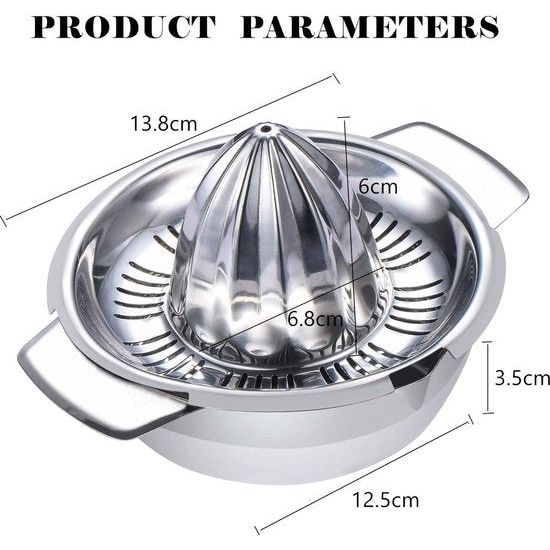 Handmatige citruspers, 18/8 roestvrij staal, met reservoir van 350 ml, diameter 13,8 cm, vaatwasserbestendig, professionele kwaliteit, roestvrije citroenpers, limoenpers, fruitpers