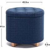 Opbergkruk, ronde zitting met deksel, zitkist, voetenbank opbergkist, linnen, 44 l, 45 x 45 x 41 cm, marineblauw