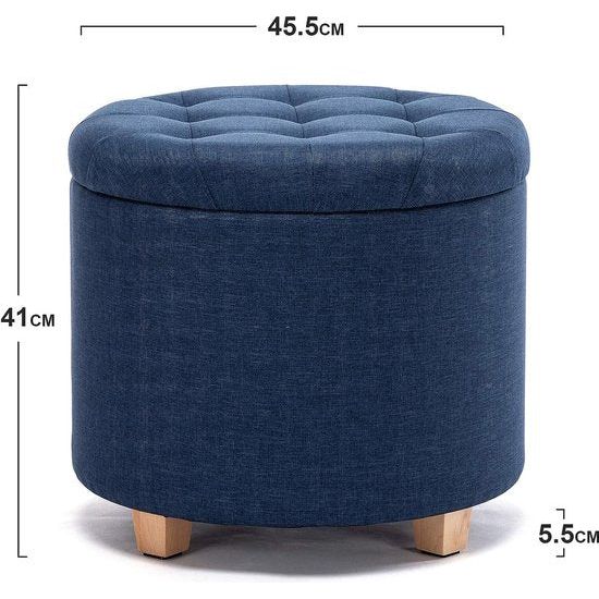 Opbergkruk, ronde zitting met deksel, zitkist, voetenbank opbergkist, linnen, 44 l, 45 x 45 x 41 cm, marineblauw