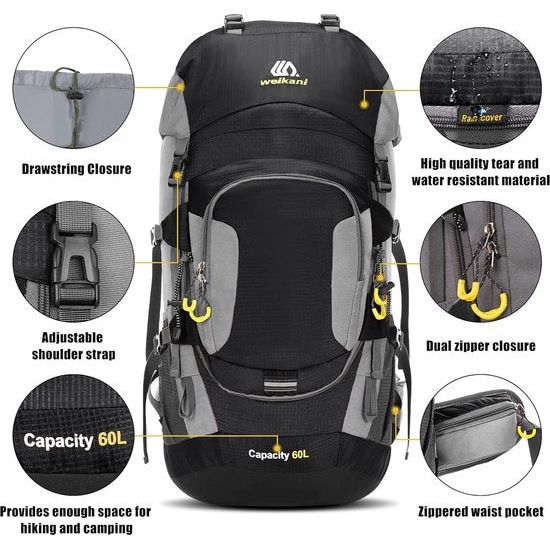 Backpack Rugzak Trekkingrugzak 60L Heren Dames Wandelrugzak Waterdicht met regenhoes voor bergbeklimmen, klimmen, trekking, sport, reizen, kamperen