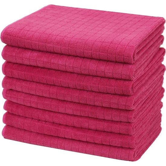 Set van 8 microvezel theedoeken, zachte, super absorberende en pluisvrije keukendoeken, 45 x 65 cm (roze)