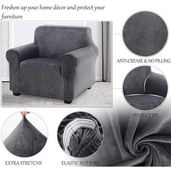 Fluwelen fauteuilhoes, zachte fluwelen pluche bankovertrek, stijlvolle luxe meubelhoezen, antislip, high stretch stoelbekleding (1-zits, grijs)