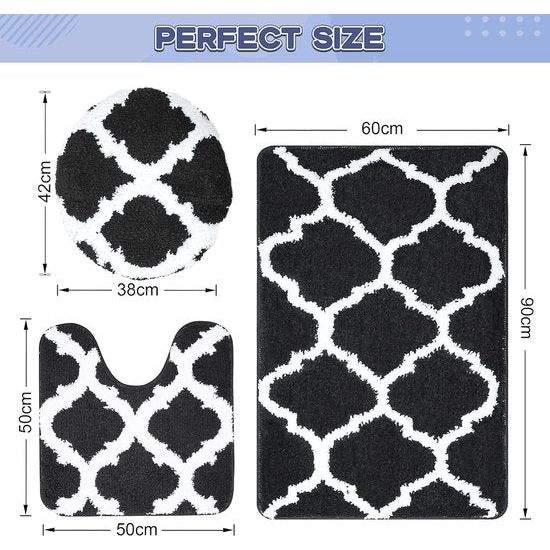Badkamertapijten, 3-delige set, antislip, wasbaar, , zacht, absorberend, badmatset met wc-dekselafdekking, 60 x 90 cm + 50 x 50 cm + 38 x 42 cm (zwart)