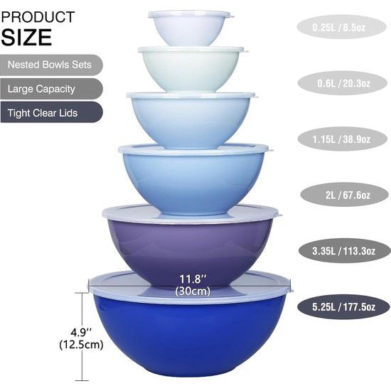 Salad bowl set met deksel, 12-delige mengkom van kunststof, stapelbare mengkommen met deksels voor de keuken, grote kommenset, serveerschalen ideaal voor het mengen en serveren.