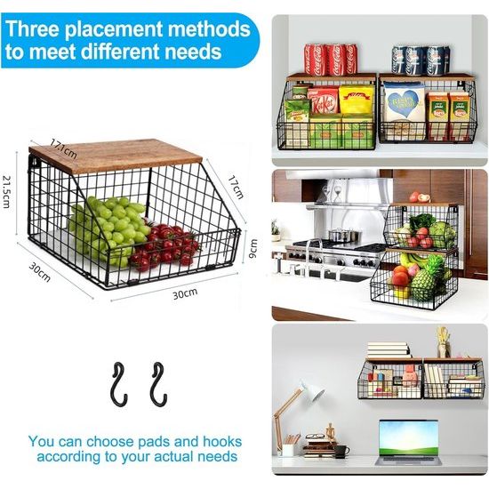 Hangende fruitmand, keukenorganizer, fruitschaal, hangmand, keuken, muurfruitmand met houten deksel, fruit- en groentemand voor op het aanrecht, uien- en aardappelsnackbroodhouder (30 x 30 x 21,5 cm)