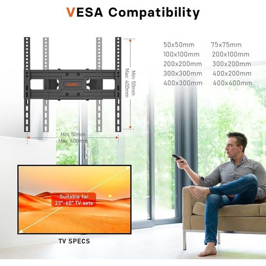 TV-muurbeugel voor 23-60 inch LED CD flat- en gebogen (gebogen) televisie, draaibaar, kantelbaar, uitschuifbare en intrekbare tv-wandhouder, houdt tot 45 kg, max. VESA 400 x 400 mm