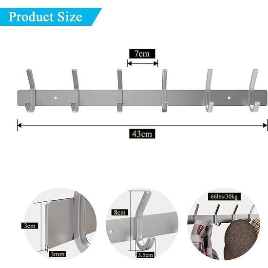 Haaklijst, roestvrij staal, kapstokken, kapstokken, geborstelde optiek, dubbele haken, draagvermogen tot 30 kg, zilver, 6 haken, 2 stuks