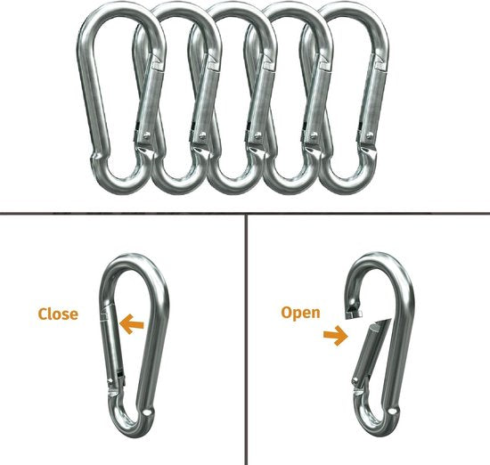 Karabijnhaakset (60 mm, 80 mm, 100 mm) met kliksluiting van hoogwaardig premium staal voor kamperen, wandelen, sleutelhangers, karabijnhaken van 120 kg tot 350 kg