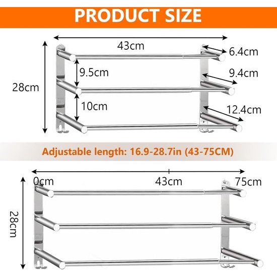 Towel Rail, No Drilling, 43-75 cm, Extendable Towel Rail, Self-Adhesive Bath Towel Holder, Wall 3-Tier Towel Rail with Hooks, Waterproof Rust Bath Towel, Towel Holder for Bathroom/Kitchen