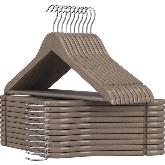 Kleerhangers van hout, set van 20 massief hout, inkepingen op de schouders, antislip broekbrug, 360 graden draaibare haak, voor pakken, overhemden, grijg-zilver