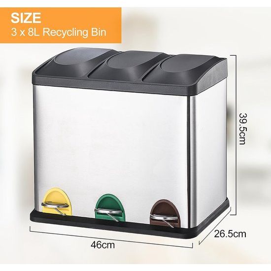 Vuilnisbak keuken, pedaalemmer van metaal, 3 vakken, afvalscheiding, afvalscheidingssysteem, eenvoudig te reinigen, staal, -24 liter, zilver