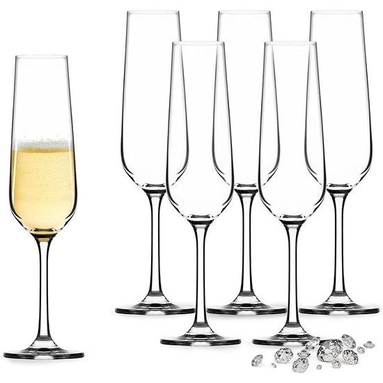 Champagneglazen, set van 6, 250 ml, 6 stuks, hoogwaardige set van 6 stuks, vaatwasmachinebestendige Prosecco-glazen, champagneglazen, kristalglazen