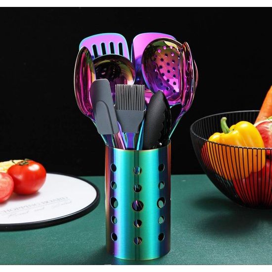 Regenboog keukengereiset, 13-delige roestvrijstalen kookgereiset met titanium regenboogcoating, keukengereiset met bestekhouder voor antiaanbakpannen (13-packs)