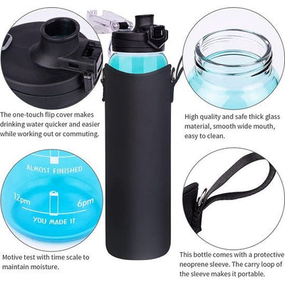 Cleesmil Drinking Bottle, Glass, 1 L, Motivational Water Bottle with Straw and Time Markers, 1 Litre Glass Bottle with Neoprene Cover, Suitable for Carbonated Drinks Cleesmil Drinking Bottle, Glass, 1 L, Motivational Water Bottle with Straw and Time Markers, 1 Litre Glass Bottle with Neoprene Cover, Suitable for Carbonated Drinks