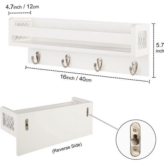 Houten wandrek voor organizer, keuken, kruidenrek, wandrek met 4 haken voor sleutelplank, opbergruimte, badkamer, boekenkast van hout voor slaapkamer, wanddecoratie, kantoor en huishouden. (wit)