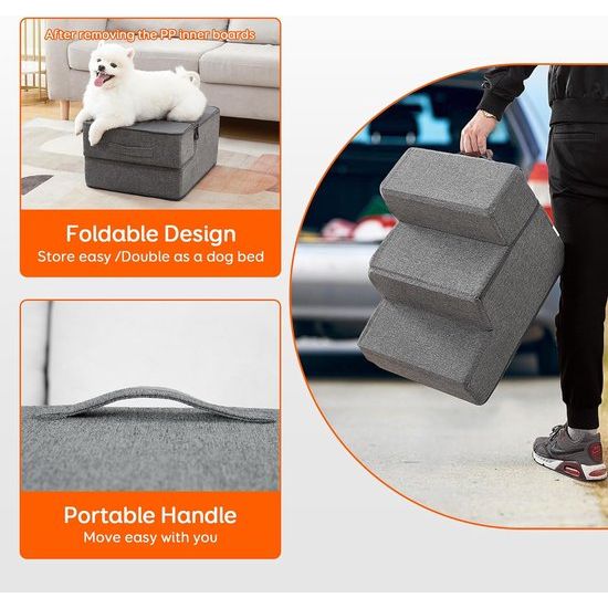 Hondentrappen en kattentrappen, 3-traps ontwerp met schokabsorberend schuim en zeer sterke houten planken, perfect voor bed en bank, antislip, afneembare en wasbare hoes, grijs