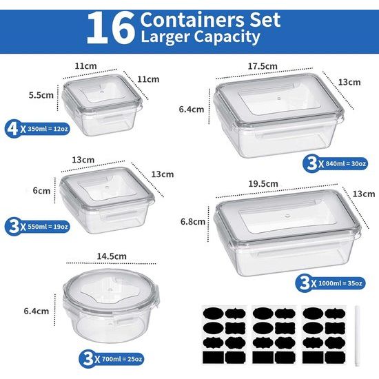 Voedselbewaarcontainers met deksel, 32 stuks (16 containers + 16 deksels), voorraadcontainers, luchtdichte plastic voedselcontainers, vriescontainers, opbergdoos (1 L, 840 ml, 700 ml, 550 ml, 350