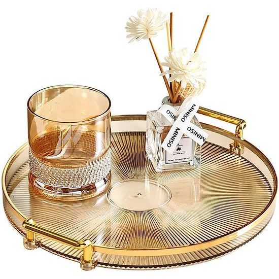 Rond dienblad met handgrepen van acryl, gouden decoratief dienblad voor salontafel, hartstuk, keuken, grote koffie-thee-dienblad, make-up, kandelaar, organizer (ernsteen)