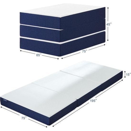 Gastenmatras, 75 x 195 x 15 cm, vouwmatras met terugstelschuim, wasbare overtrek en drukontlasting, blauw, drievoudig vouwmatras, dubbel voor vuurbestendig, bed in een box, 75 x 195 x 15