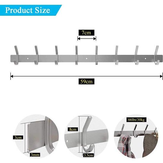 Haaklijst, kapstok, 2 stuks, kapstok, roestvrij staal, handdoekrek, 59 cm, wandhaak met 8 Haken, Badkamer, Keuken, Deur