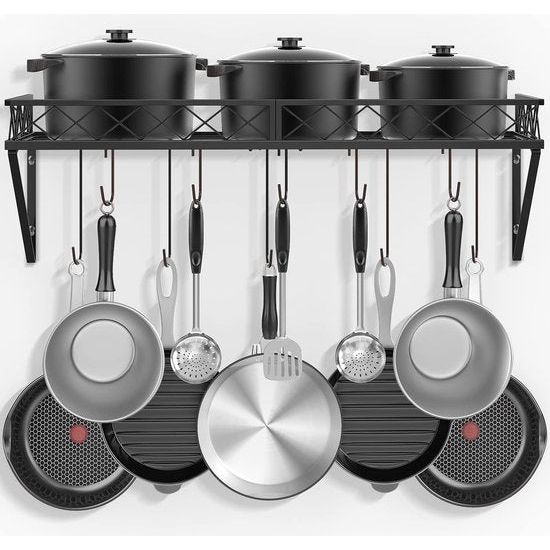 Keukenrek, pannenhouder, ijzeren keukenrek, hangend pannenrek met 10 haken, keukenwandrek, pannenrek voor potten en pannen, 70 x 28 x 23 cm, zwart