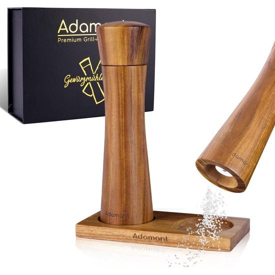 Zout- en pepermolen set [21cm] van acacia-kernhout incl. onderzetter - kruidenmolen voor Himalaya zout & verse peper - huwelijkscadeau zoutmolen - incl. gratis trechter