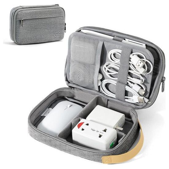 Dubbellaagse draagbare kabeltas, waterdichte elektronische tas, reiskabelorganizer voor oplaadkabels, harde schijven, powerbank, elektronische accessoires, kabels, USB, SD-kaarten (grijs)