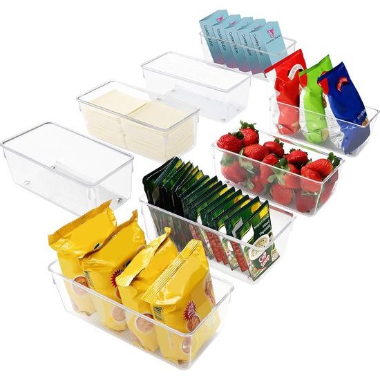 Koelkastorganizer, boxset voor keuken, kasten (8 stuks), plastic organizer, 20 cm lang, opbergsysteem, transparant voor badkamer, eetkamer, vriezer, keukenkast, organizer lade