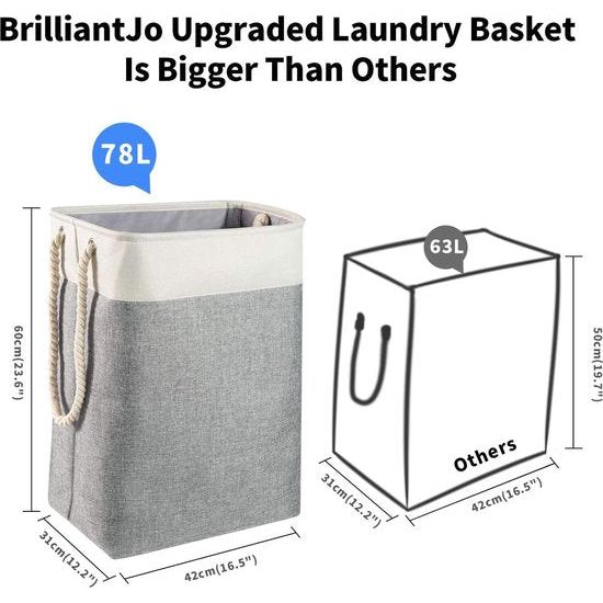 Grote wasmand 78L, opvouwbare wasmand met touwhandgrepen opbergcontainer geschikt voor slaapkamer wasruimte badkamer 60 x 42 x 31 cm beige + grijs