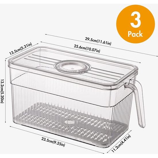 Koelkastorganizer, 3-delige set, koelkastopbergdoos, stapelbaar met deksel en handvat, opbergsysteem voor koelkast, groenten en fruit voor keuken, koelkast, kasten, BPA-vrij