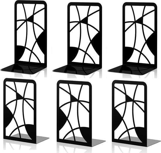 6 stuks zwarte metalen boekensteunen, decoratieve boekenkast met doorbraakrooster