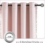 Ondoorzichtig gordijn met pompons roze gordijn met ingestanste ringen, landhuisstijl, warmte-isolerend, thermogordijn, verduisteringsgordijnen voor meisjeskamer, woonkamer, slaapkamer, 2 stuks, roze, 140 x 180 cm