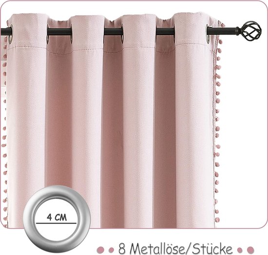 Ondoorzichtig gordijn met pompons roze gordijn met ingestanste ringen, landhuisstijl, warmte-isolerend, thermogordijn, verduisteringsgordijnen voor meisjeskamer, woonkamer, slaapkamer, 2 stuks, roze, 140 x 180 cm