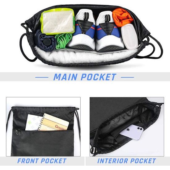 Sporttas met trekkoord Zwemmen PE-tassen met trekkoord voor dames Heren Reizen Strandschooltas met waterdicht voor kinderen Jongens, zwart, casual