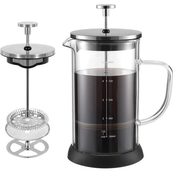 French Press Koffiezetapparaat met hittebestendige karaf, hoogwaardige roestvrijstalen koffiepers met 4-traps filter, 1000 ml