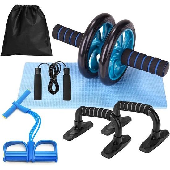 met buikroller, springtouw, flexiestang, elastisch weerstandstouw met pedalen en knielmat, 5-in-1 fitnessset voor thuis en in de sportschool.