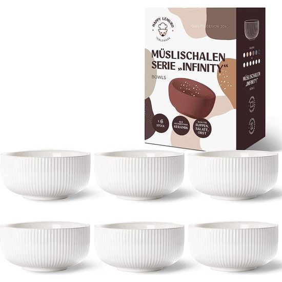 Set muesli kom | 6 x 750ml | voor soepen, muesli, ramen - soepkom groot - sjaal - keramische kom set - kom keramiek - designer soepkommen - mueslikom groot (wit)