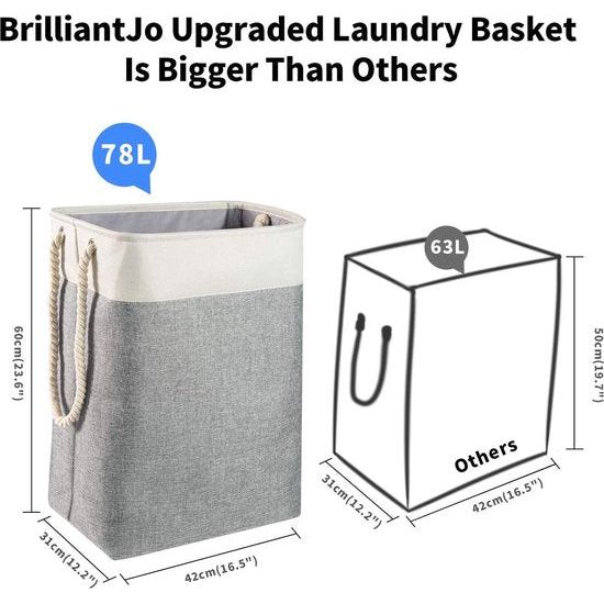 Large Laundry Basket 78L, Foldable Laundry Hamper with Rope Handles Storage Container Suitable for Bedroom Laundry Room Bathroom 60 x 42 x 31 cm Beige + Grey